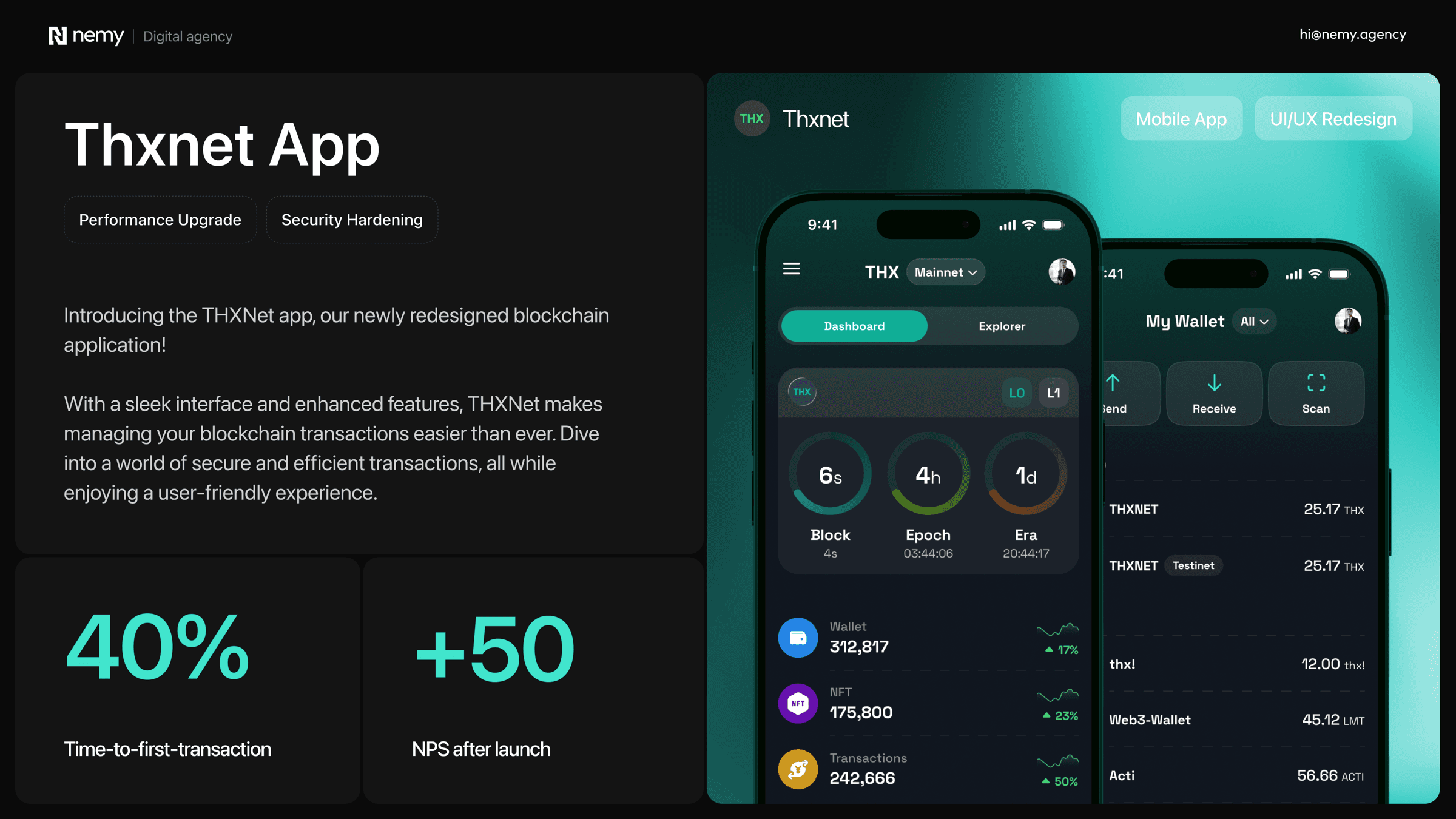 Thxnet — blockchain wallet and DAO mobile app designed by Nemy Agency